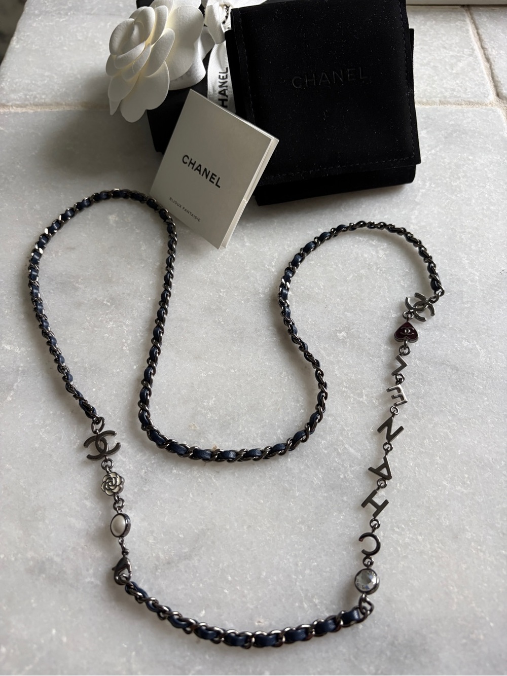 CHANEL Navy Chain Necklace/Belt with Interwoven Leather and SilverCharm Accents